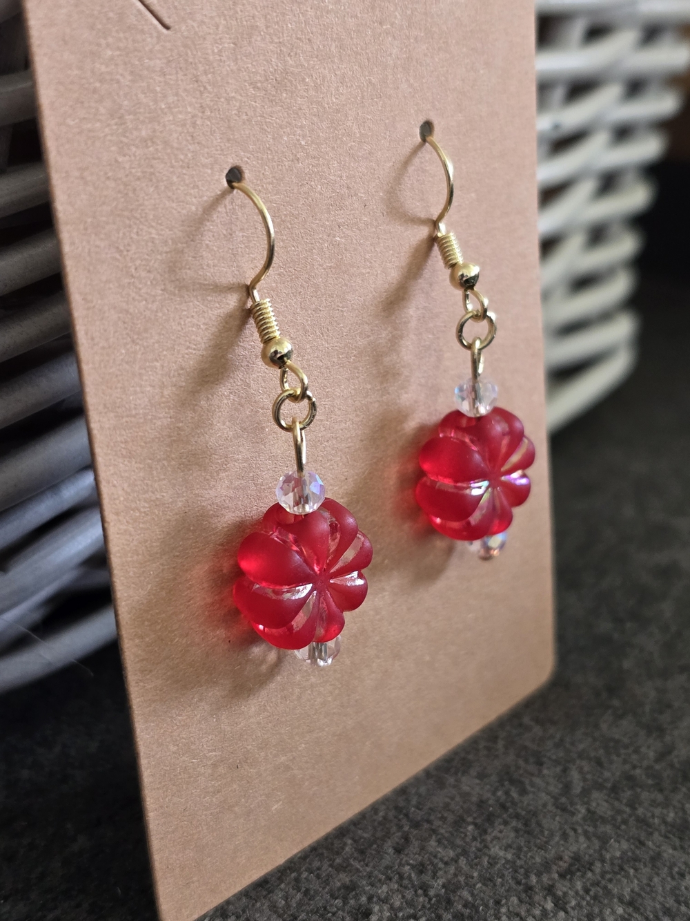 Handmade Red Flower Glass Drop Earrings - Picture 5 of 5